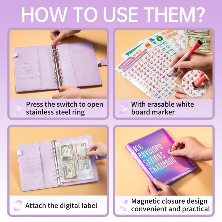 100 Day Savings Challenge A5 Loose Leaf Cash Budget Notebook(Colorful Silver) - Notebooks by PMC TechLife | Online Shopping South Africa | PMC TechLife