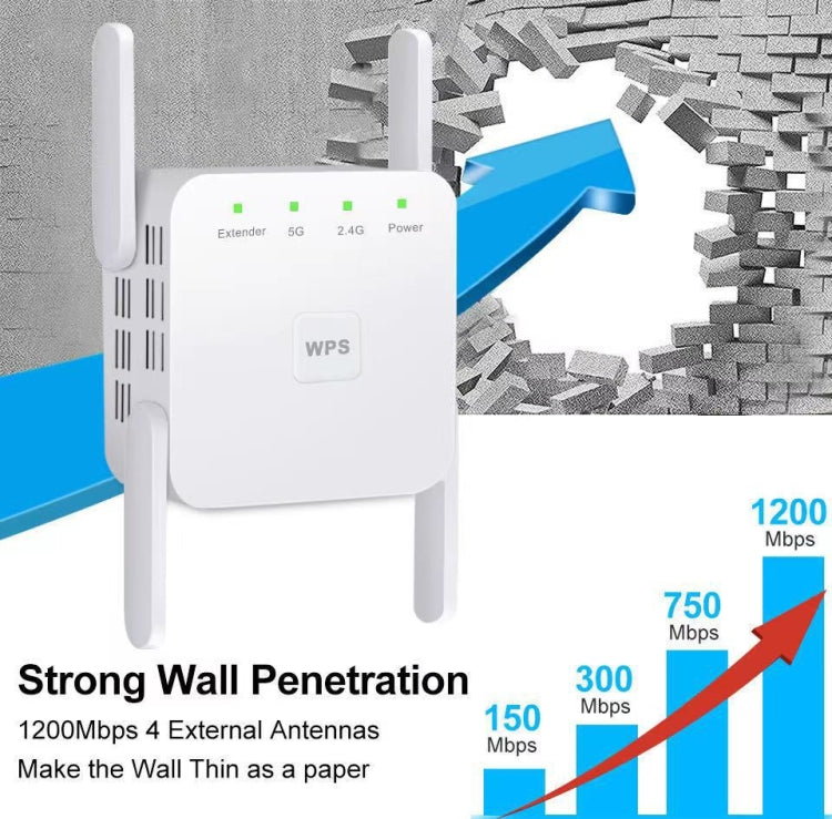 1200Mbps 2.4G / 5G WiFi Extender Booster Repeater Supports Ethernet Port Black US Plug