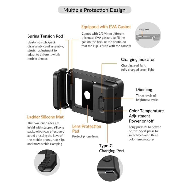 APEXEL Multifunctional Fill Light Phone Clip With 1/4 Inch & M17 M37 Thread Tnterface APL-FL.23