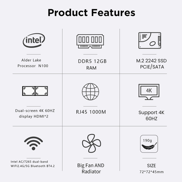 N100/DDR5 12th AlderLake-N100 Dual 4K60Hz Office And Home Mini PC, Spec: 12G+128G /US Plug - Windows Mini PCs by PMC Jewellery | Online Shopping South Africa | PMC Jewellery | Buy Now Pay Later Mobicred