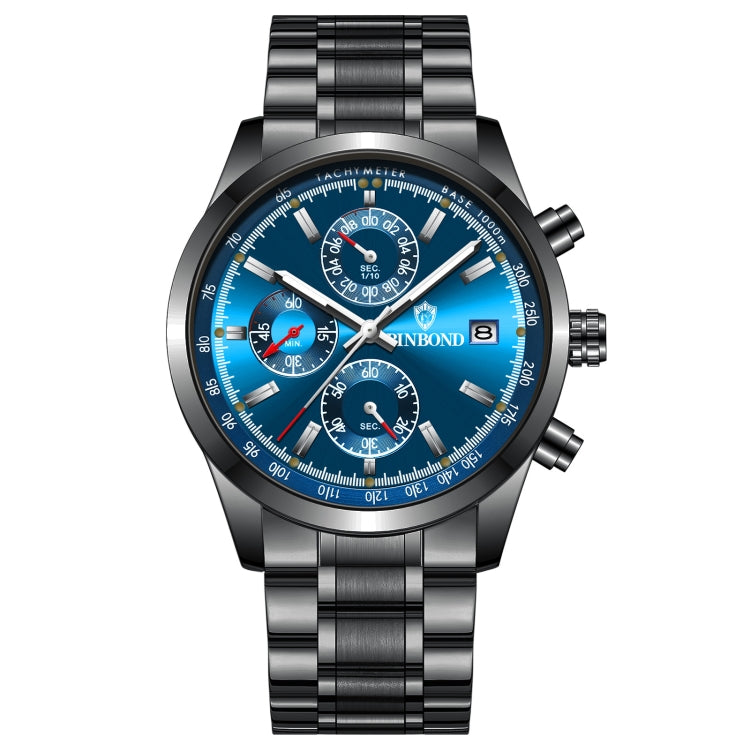 BINBOND B6022 30m Water-resistant Luminous Multifunctional Quartz Watch, Color: Black Steel-Blue