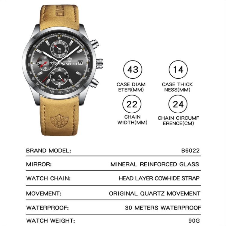 BINBOND B6022 30m Water-resistant Luminous Multifunctional Quartz Watch, Color: White Steel-White