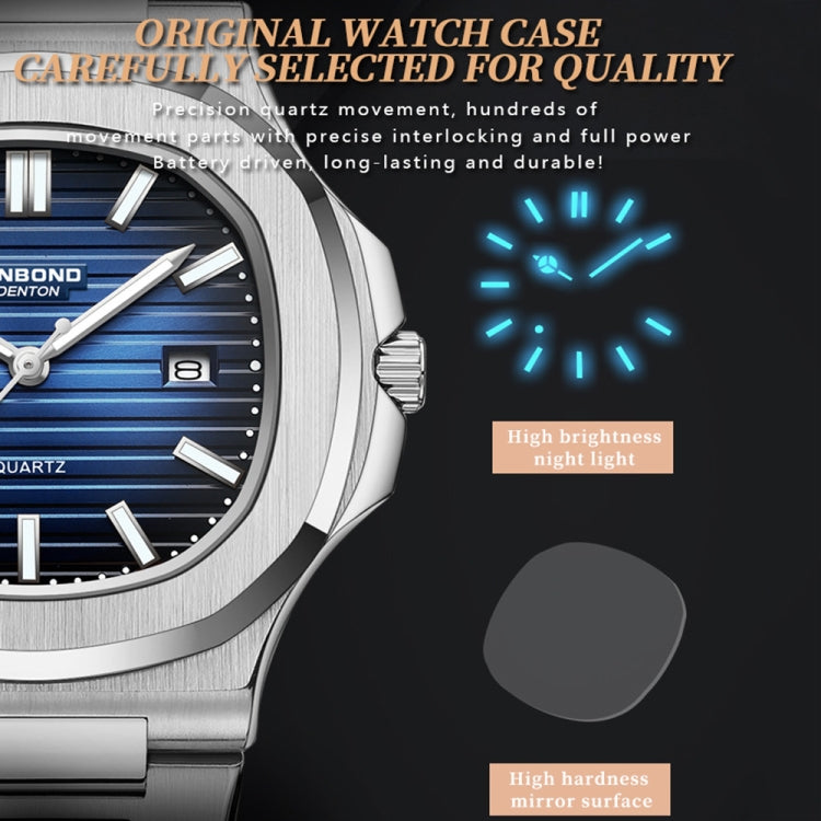 BINBOND B1885 30m Waterproof Retro Luminous Square Men Quartz Watch, Color: Black Steel-Blue-White - free shipping - PMC Jewellery - Order now!