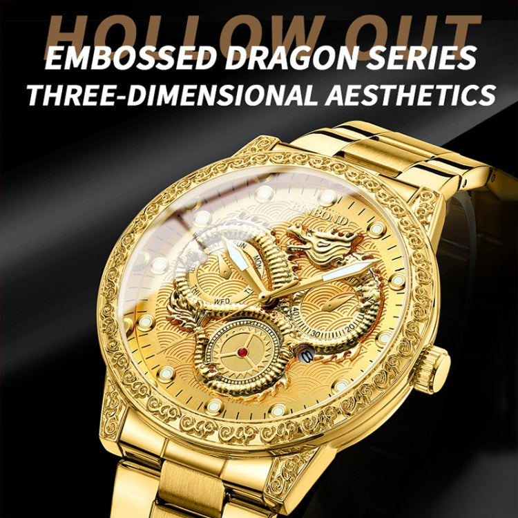 BINBOND B3030 Embossed Dragon Luminous Water-resistant Quartz Watch, Color: Full-gold Black