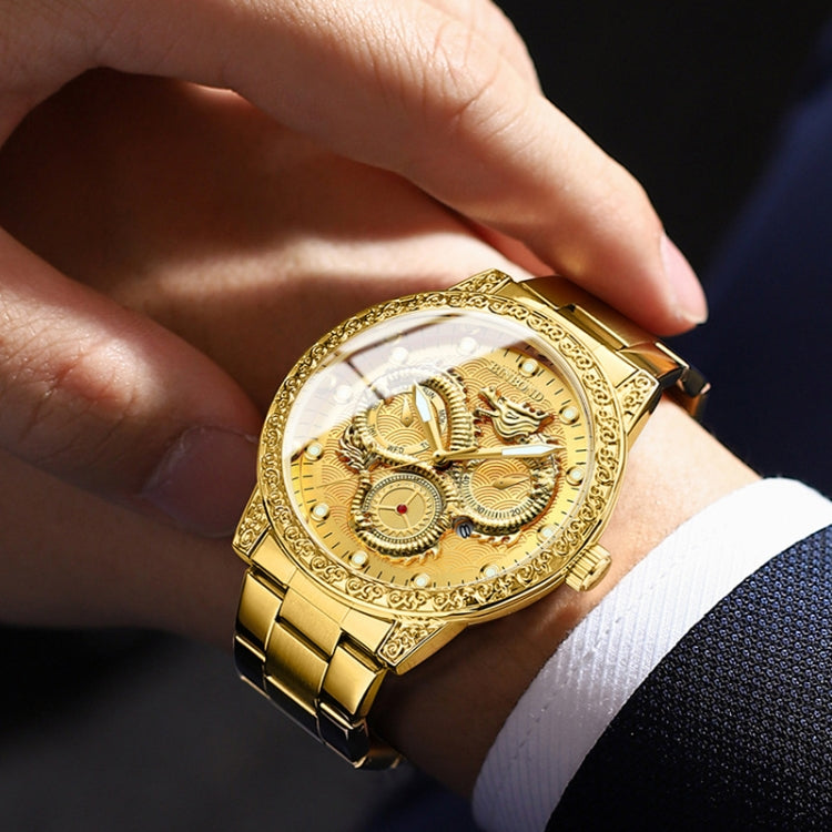 BINBOND B3030 Embossed Dragon Luminous Water-resistant Quartz Watch, Color: Full-gold Black