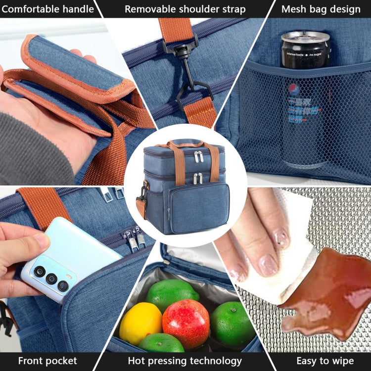 Double Layer Insulated Lunch Bag Large Capacity Food Cooler Bag with Shoulder Strap(Grey) - Lunch Bags by PMC TechLife | Online Shopping South Africa | PMC TechLife