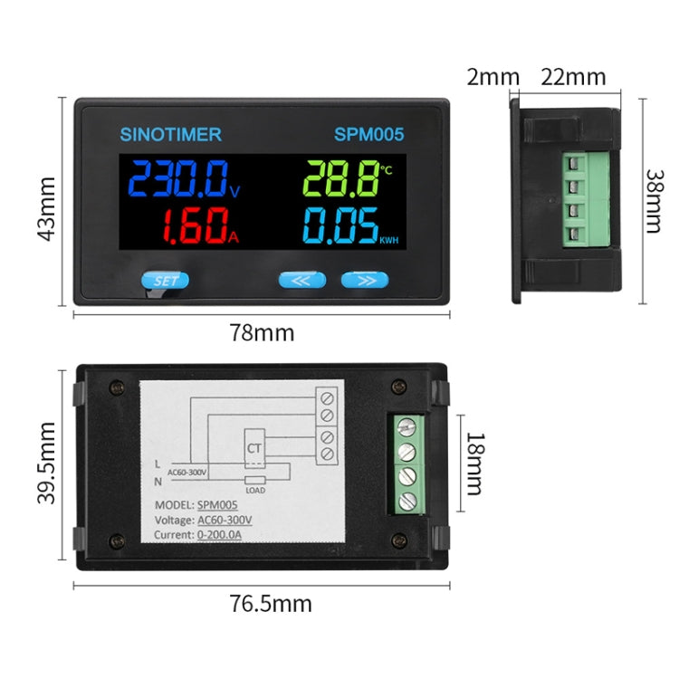 SINOTIMER SPM005 AC Digital Display Voltage Current Power Electricity Multifunctional Monitoring Meter, Specification: 200A