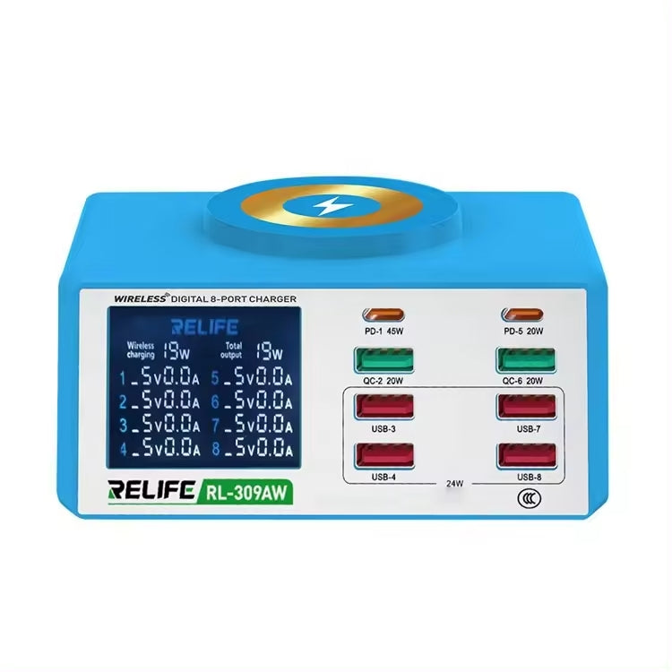 RELIFE RL-309AW QC3.0 PD Fast Wireless Charger With LCD Display 8 Ports(EU Plug)