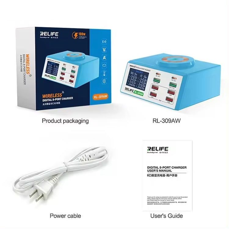 RELIFE RL-309AW QC3.0 PD Fast Wireless Charger With LCD Display 8 Ports(US Plug) - free shipping - PMC TechLife - Order now!