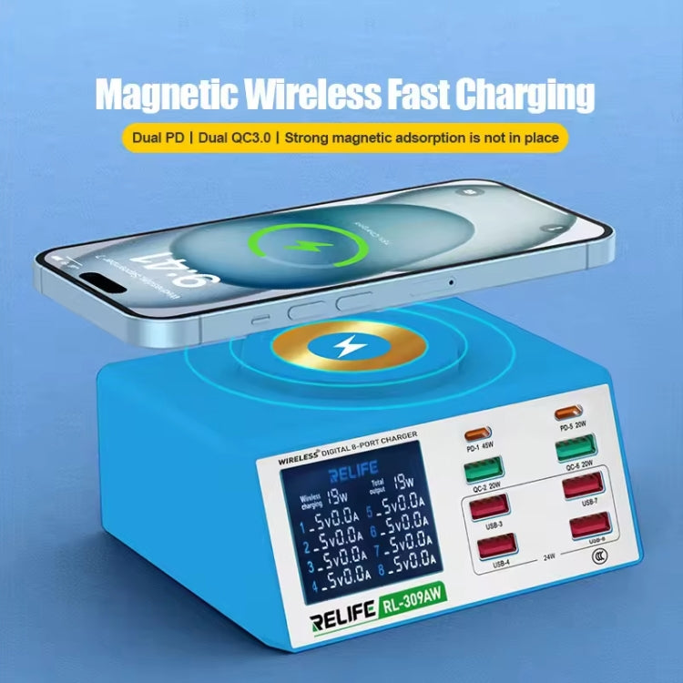 RELIFE RL-309AW QC3.0 PD Fast Wireless Charger With LCD Display 8 Ports(US Plug)