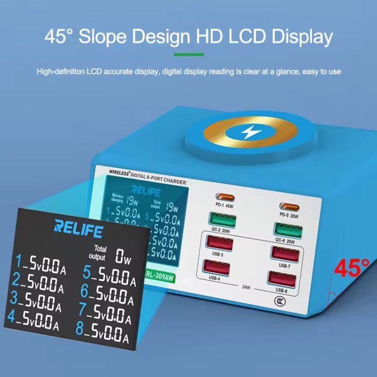 RELIFE RL-309AW QC3.0 PD Fast Wireless Charger With LCD Display 8 Ports(US Plug)