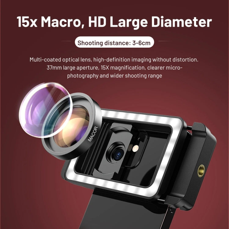 APEXEL 15X Macro Lens With LED Fill Light Phone Holder Clamp - Macro & Wide-angle by APEXEL | Online Shopping South Africa | PMC Jewellery | Buy Now Pay Later Mobicred