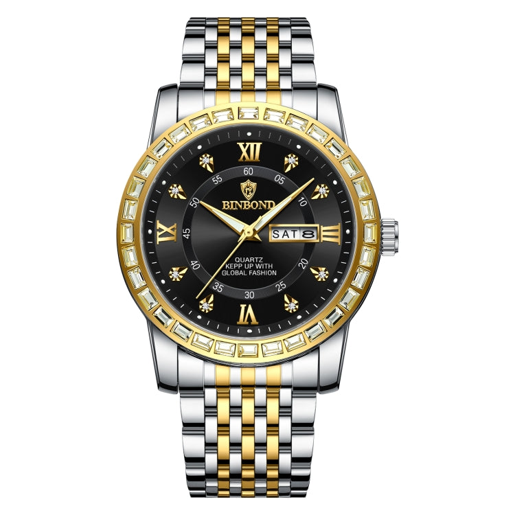 BINBOND B2202 Diamond Dual-calendar Luminous Quartz Watch, Color: Inter-gold-Black
