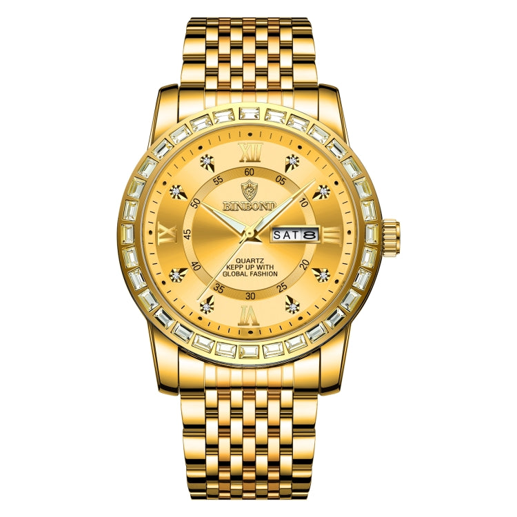 BINBOND B2202 Diamond Dual-calendar Luminous Quartz Watch, Color: Full-gold-Gold