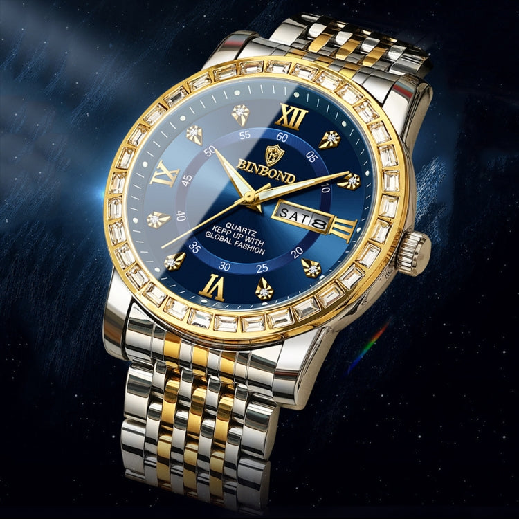 BINBOND B2202 Diamond Dual-calendar Luminous Quartz Watch, Color: Inter-gold-Blue - free shipping - PMC Jewellery - Order now!