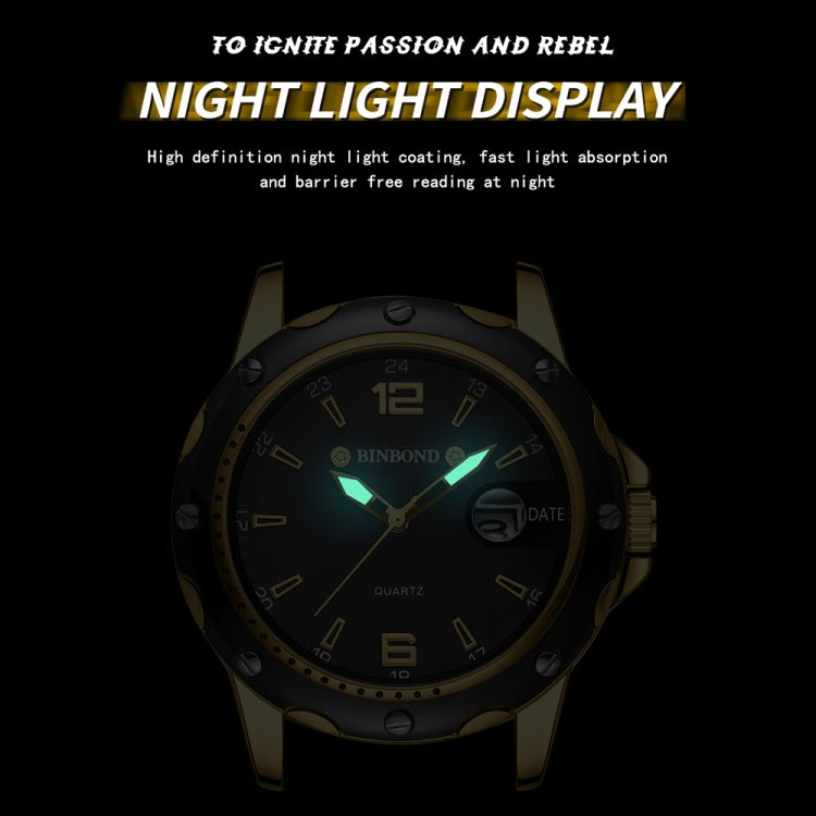 BINBOND B9696 Outdoor Calendar Luminous Water-resistant Quartz Watch, Color: Black Steel-Black-White Nail
