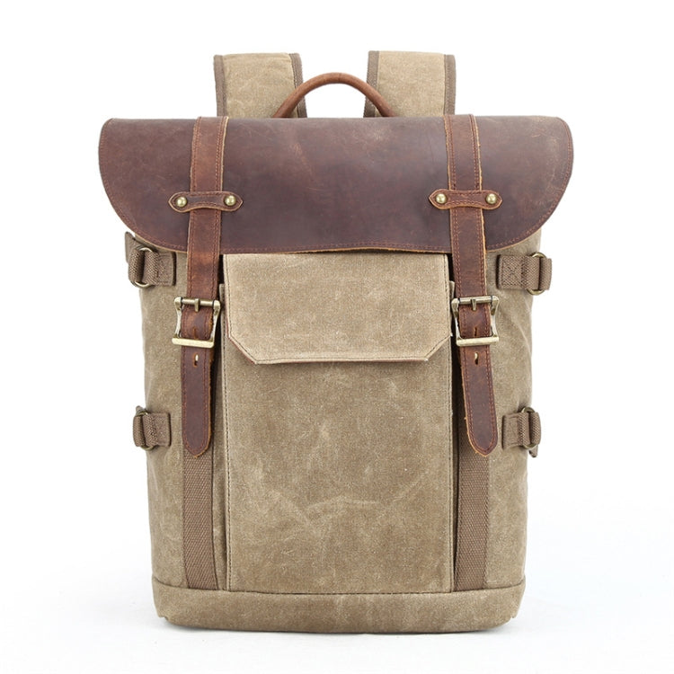 Vintage Camera Bag Water-resistant Canvas Backpack with Laptop Compartment Tripod Holder(Khaki)