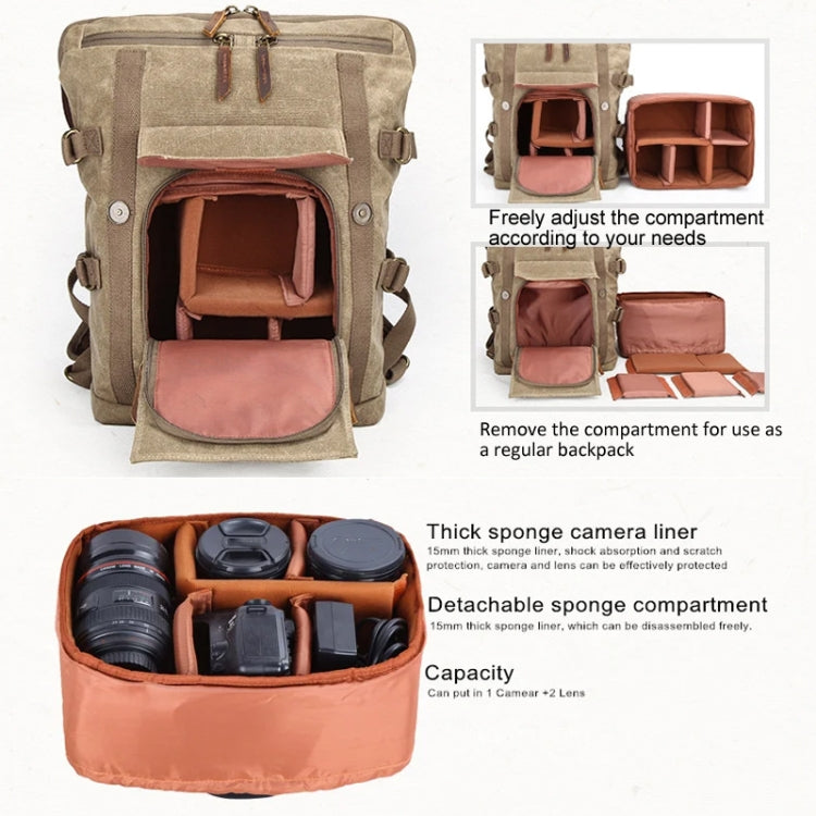 Vintage Camera Bag Water-resistant Canvas Backpack with Laptop Compartment Tripod Holder(Khaki)