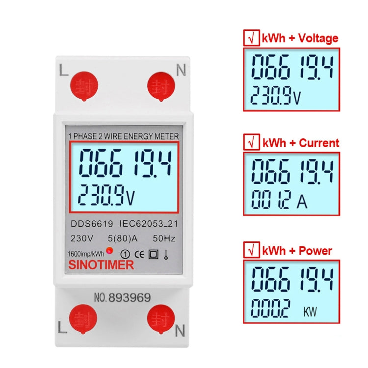 SINOTIMER DDS6619 80A 230V Din Rail Single Phase Energy Meter Voltage Current Power Meter With Backlight - Other Tester Tool by SINOTIMER | Online Shopping South Africa | PMC Jewellery | Buy Now Pay Later Mobicred