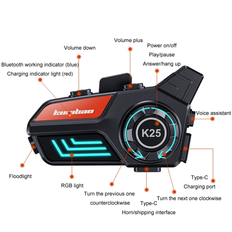 KUQIBAO Motorcycle Helmet Water-resistant Bluetooth-compatible Headset With Light(Hard Microphone)