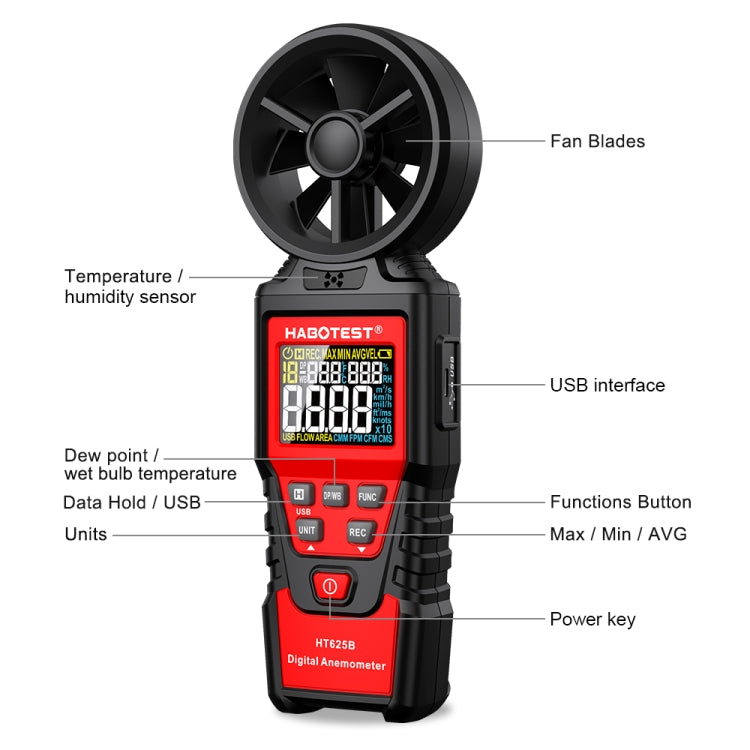 HABOTEST Handheld High-Precision Digital Anemometer With USB(HT625B)