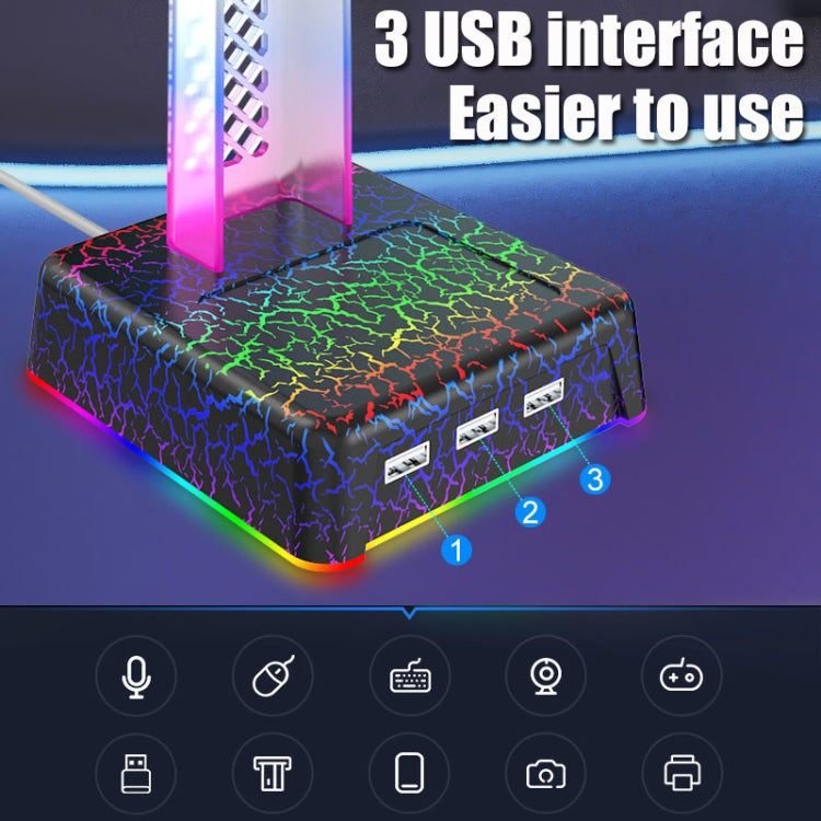 Z3 Cracked With 3USB Expansion Port Headphone Stand RGB Ambient Light Headphone Display Holder(Black)