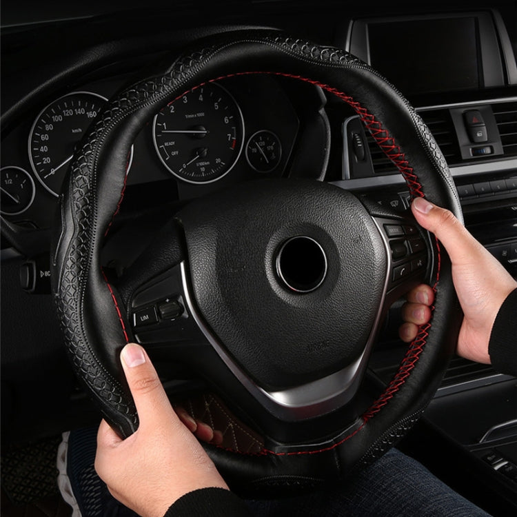 38cm Four-Season Embossed Hand-Sewn Cowhide Steering Wheel Cover(Black+Red Line)