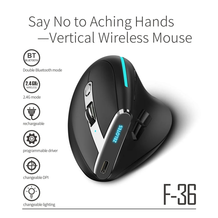 ZELOTES F36 9-Keys Vertical Grip Ergonomic Programming Dual Bluetooth + 2.4G Wireless Mouse(Black)