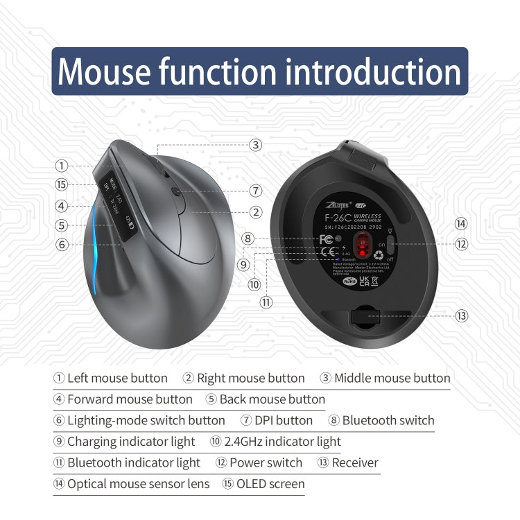 ZELOTES F-26C 8-Keys 2.4G+Bluetooth Dual-Mode LED Display Vertical Grip Wireless Mouse(Gray) - free shipping - PMC Jewellery - Order now!