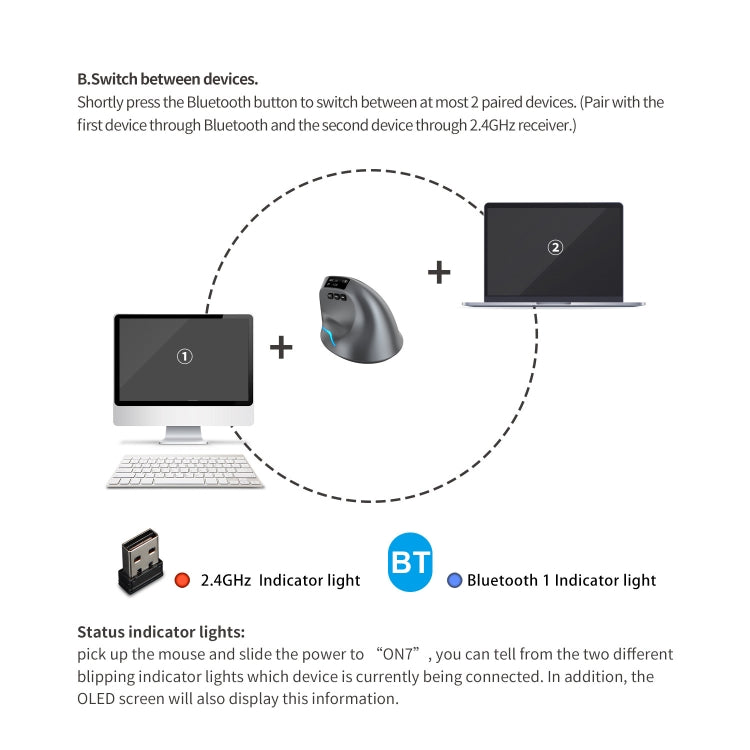 ZELOTES F-26C 8-Keys 2.4G+Bluetooth Dual-Mode LED Display Vertical Grip Wireless Mouse(Gray) - free shipping - PMC Jewellery - Order now!