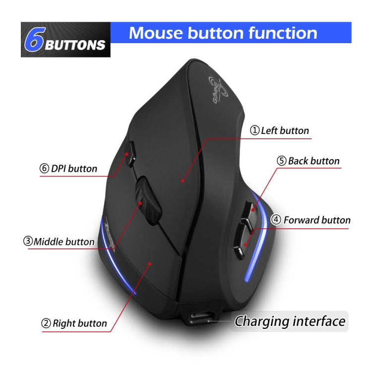 ZELOTES F35 6-buttons Vertical Grip Ergonomic Rechargeable Wireless Mouse(Blue Light)