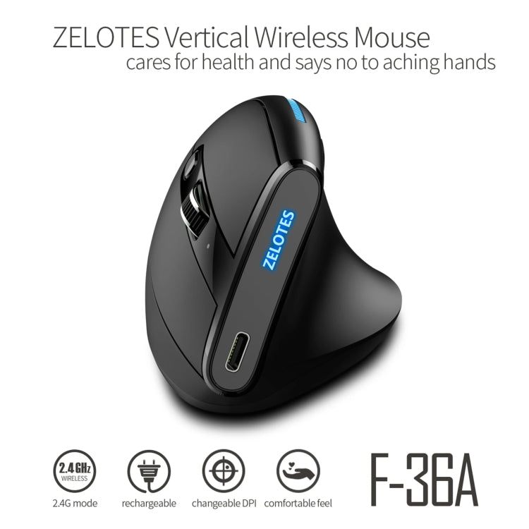 ZELOTES F36A 6-Buttons Vertical Grip Ergonomic Rechargeable Wireless Mouse(Black) - Wireless Mice by ZELOTES | Online Shopping South Africa | PMC Jewellery | Buy Now Pay Later Mobicred