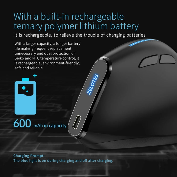 ZELOTES F36A 6-Buttons Vertical Grip Ergonomic Rechargeable Wireless Mouse(Black) - Wireless Mice by ZELOTES | Online Shopping South Africa | PMC Jewellery | Buy Now Pay Later Mobicred