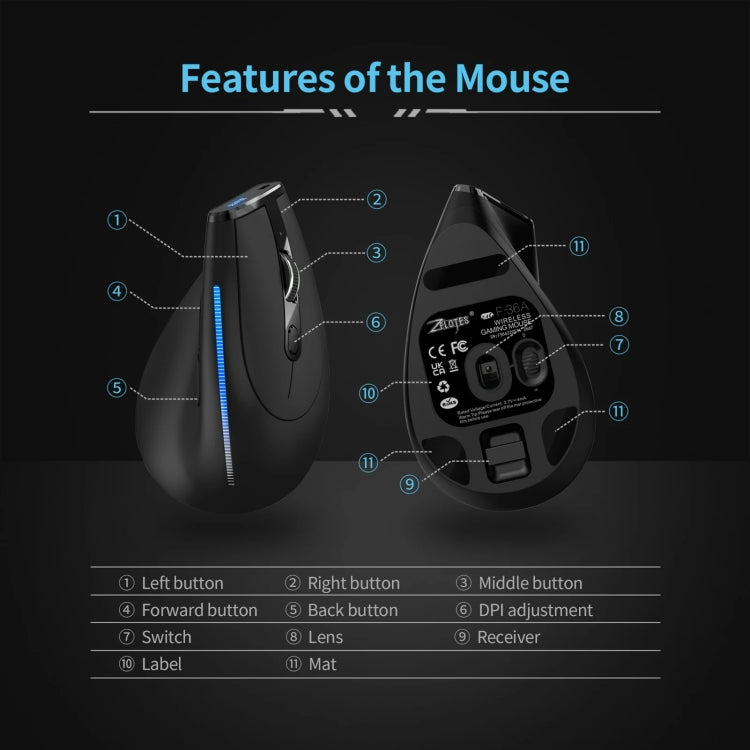 ZELOTES F36A 6-Buttons Vertical Grip Ergonomic Rechargeable Wireless Mouse(Black)