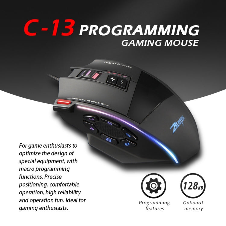 ZELOTES C13 13-keys RGB Lighting Effect Programming Macro Custom Gaming Wired Mouse(Black) - free shipping - PMC Jewellery - Order now!