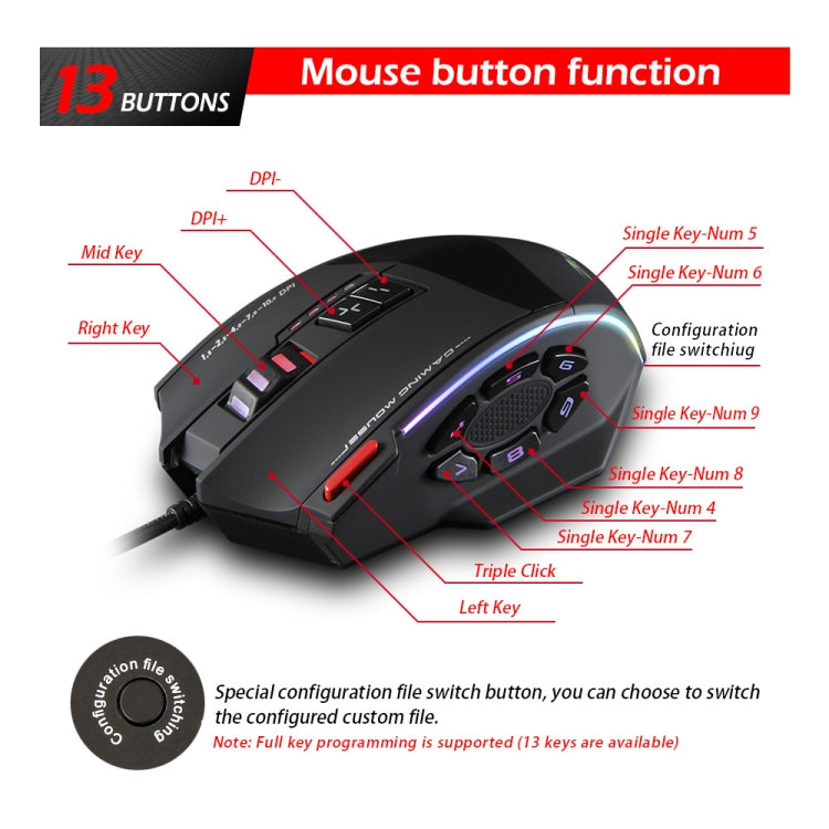 ZELOTES C13 13-keys RGB Lighting Effect Programming Macro Custom Gaming Wired Mouse(Black) - free shipping - PMC Jewellery - Order now!