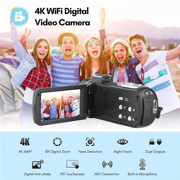 4K Digital Video Camera 3 Inch IPS Touch Screen 56MP 18X Digital Zoom WiFi Camcorder, Spec: Set 1 - Video Cameras by PMC Jewellery | Online Shopping South Africa | PMC Jewellery | Buy Now Pay Later Mobicred