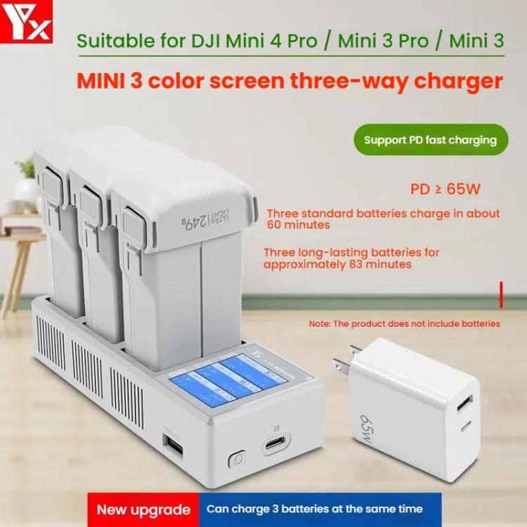 For DJI Mini 4 Pro / Mini 3 Pro / Mini 3 YX Color Screen 3-Way Charger Battery Manager With 65W EU Plug - free shipping - PMC Jewellery - Order now!