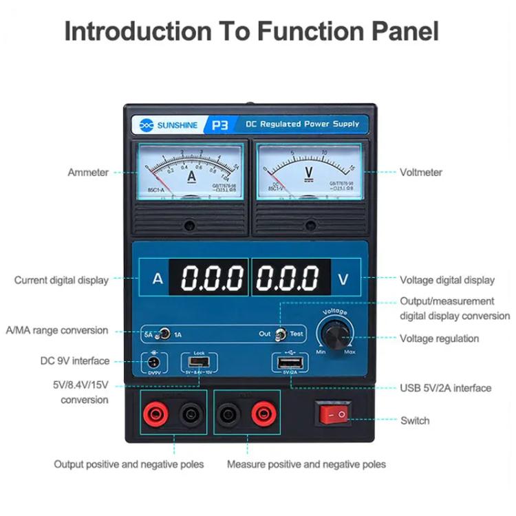 SUNSHINE P3 DC Regulated Power Supply 5V/8.4V/15V Switching Mobile Phone Repair Regulated Power Supply Meter(US Plug 110V) - free shipping - PMC Jewellery - Order now!