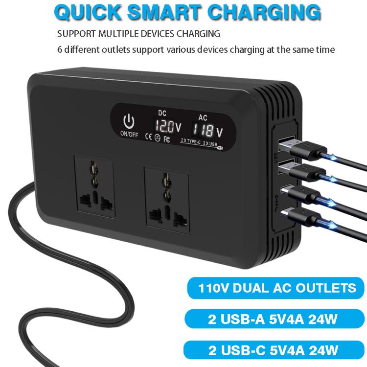 Gurxun Dual Digital Display Car Inverter With 2 USB+2 Type-C Ports Universal Plug 110V - free shipping - PMC Jewellery - Order now!