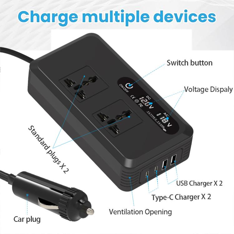 Gurxun Dual Digital Display Car Inverter With 2 USB+2 Type-C Ports Universal Plug 220V - free shipping - PMC Jewellery - Order now!
