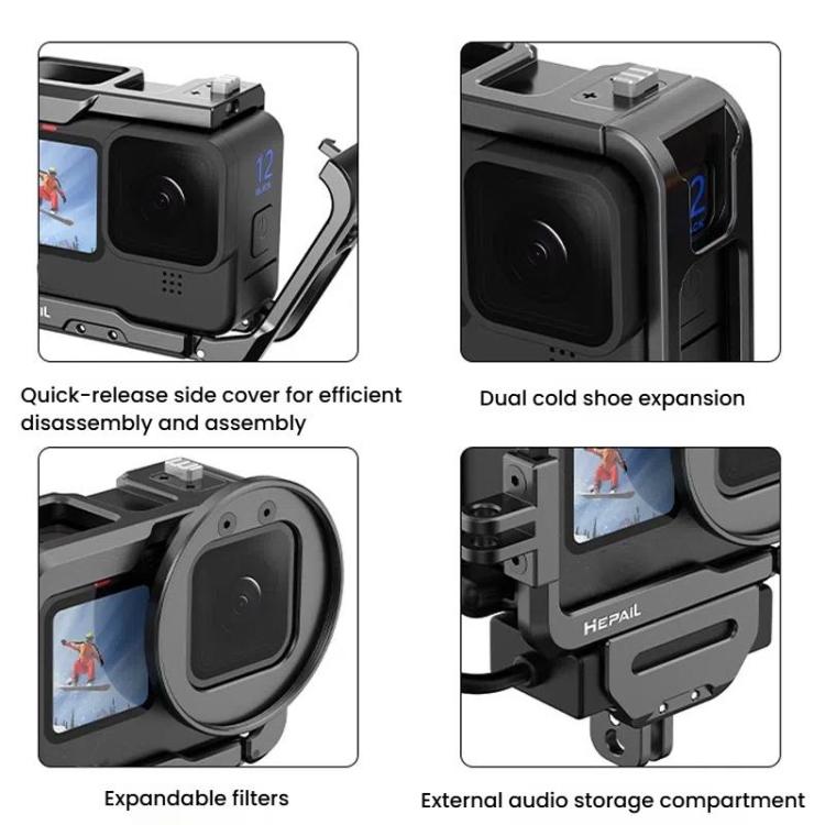 For GoPro HERO12 Black /11 Black /10 Black /9 Black HEPAIL C-G12 Metal Rabbit Cage With Dual Cold Shoe Connector - free shipping - PMC Jewellery - Order now!