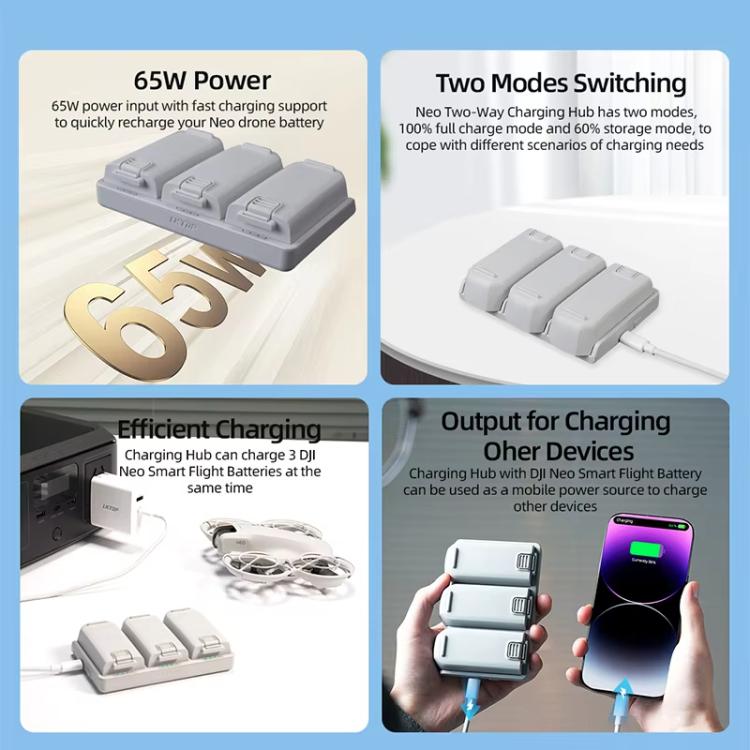 For DJI Neo Battery LKTOP Three-Way Charger 65W Fast Charging Hub(Gray) - free shipping - PMC Jewellery - Order now!