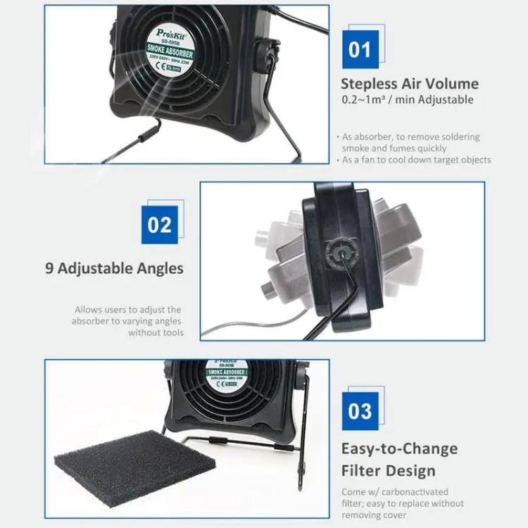 ProsKit SS-595H Soldering Fume Extractor With Blowing/Suction, Adjustable Wall/Desk Mount