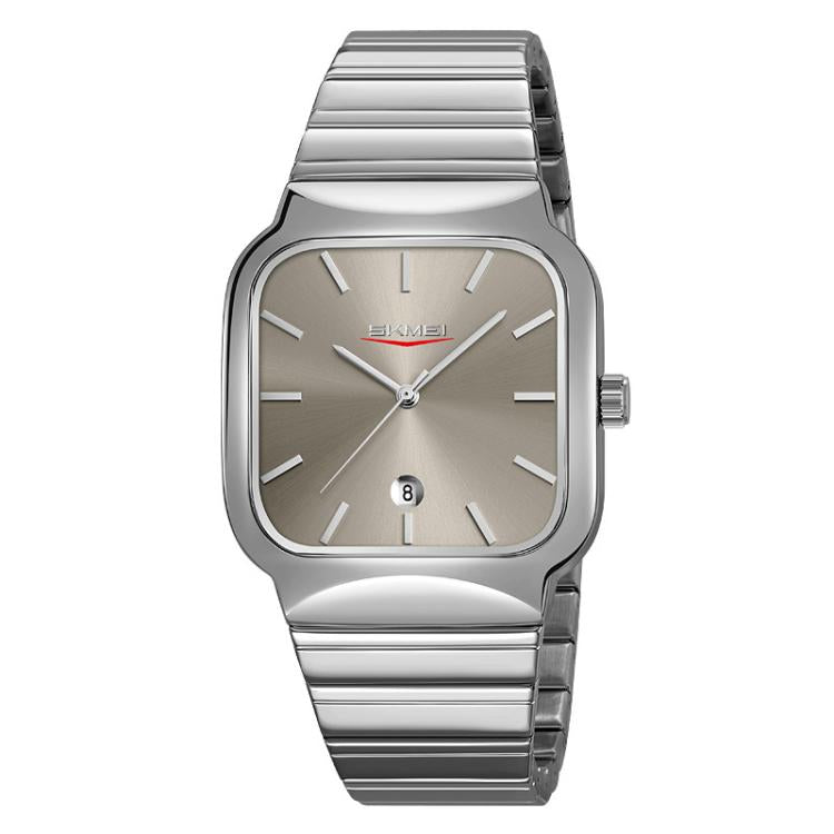 SKMEI 9361 Steel Strap Textured Dial Watch Business Casual Square Quartz Watch, Style: Silver Case Gray Dial