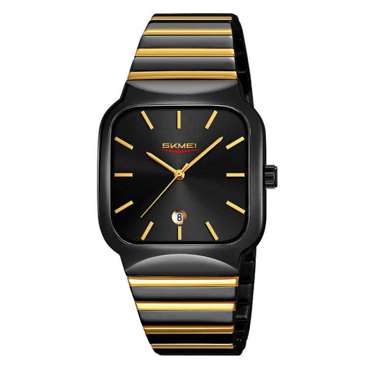 SKMEI 9361 Steel Strap Textured Dial Watch Business Casual Square Quartz Watch, Style: Black Gold Case Black Dial