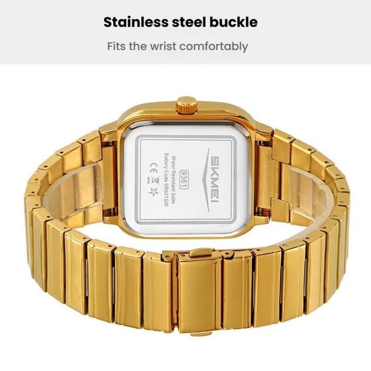 SKMEI 9361 Steel Strap Textured Dial Watch Business Casual Square Quartz Watch, Style: Gold Case Gold Dial - free shipping - PMC Jewellery - Order now!