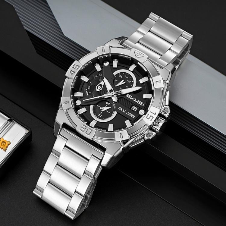 SKMEI 2399 Three-eye Six-pin Steel Band Quartz Watch Men Business Casual Watch(Black) - free shipping - PMC Jewellery - Order now!