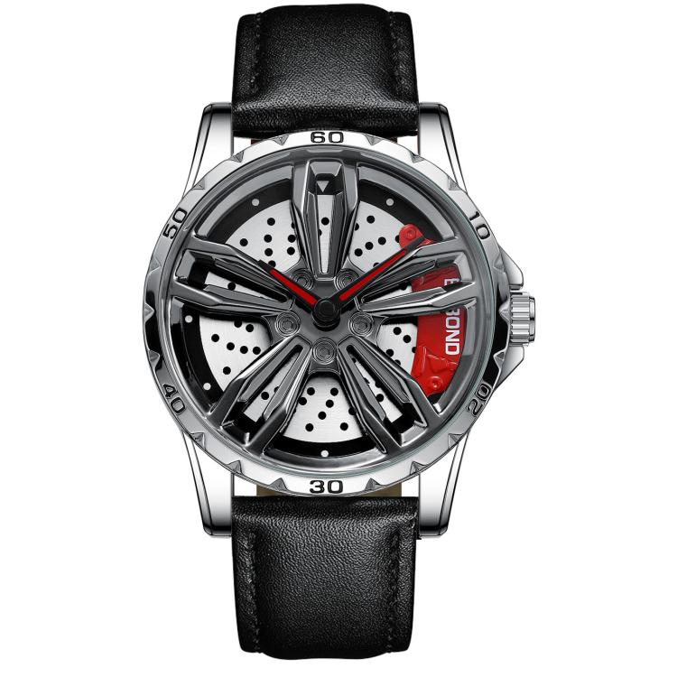 BINBOND D001 3D Hollow Motorcycle Rotating Wheel Watch, Color: Black Leather-White Steel-Red