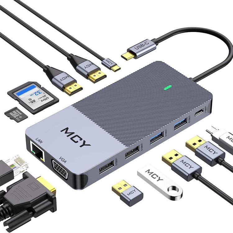 MCY 12-In-1 USB-C Hub With Triple Monitor Support (1000Mbps Lan+VGA+USB3.0/USB2.0+SD/TF+2 HDMI 4K 30Hz+85W PD���